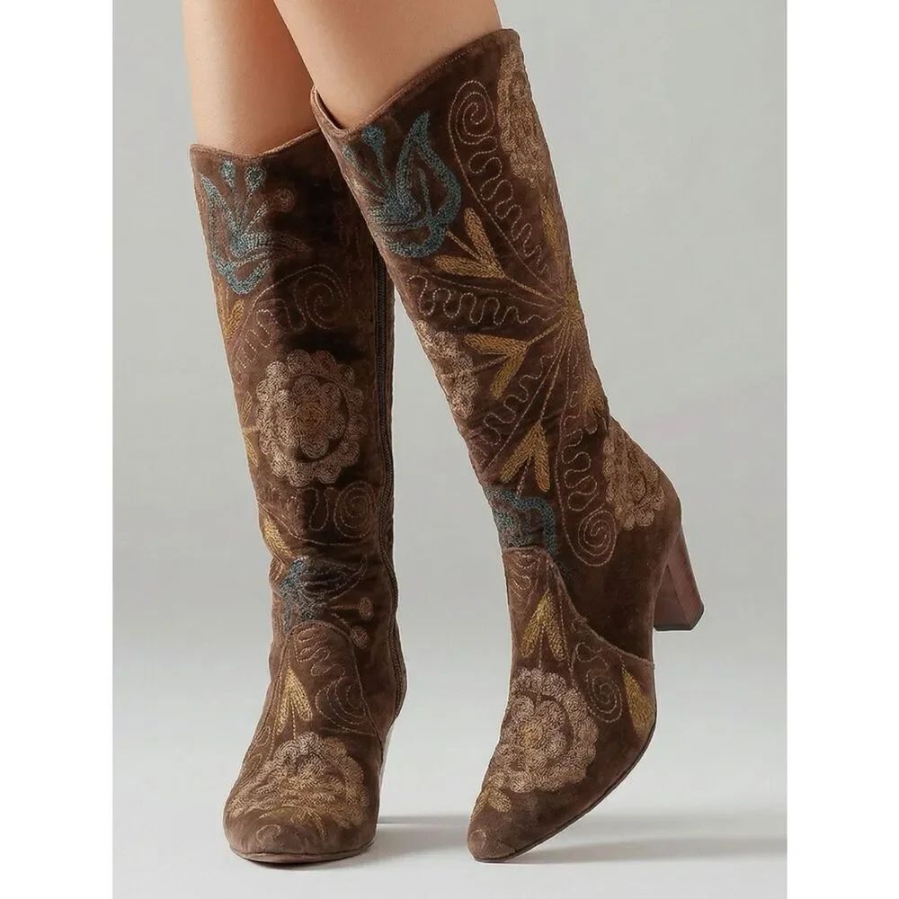 ARTEMIS | ANTHROPOLOGIE Turkish Brown Velvet Embroidered Boots Women’s Size 37